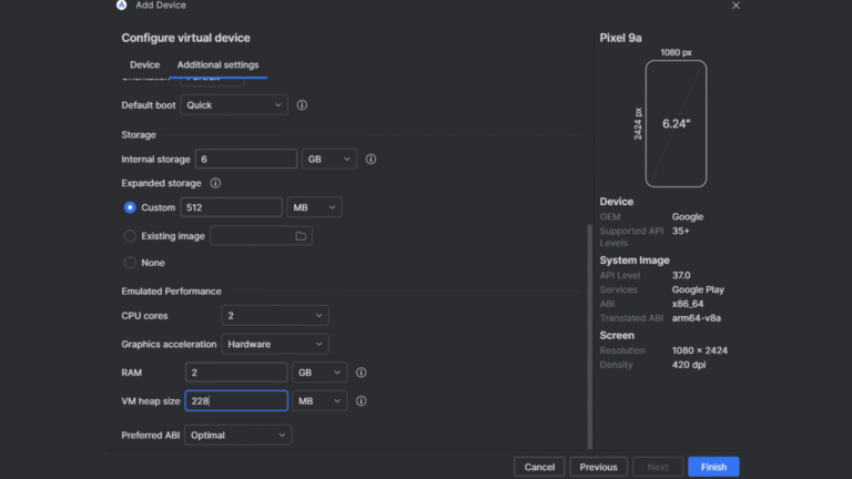 Android Emulator Settings